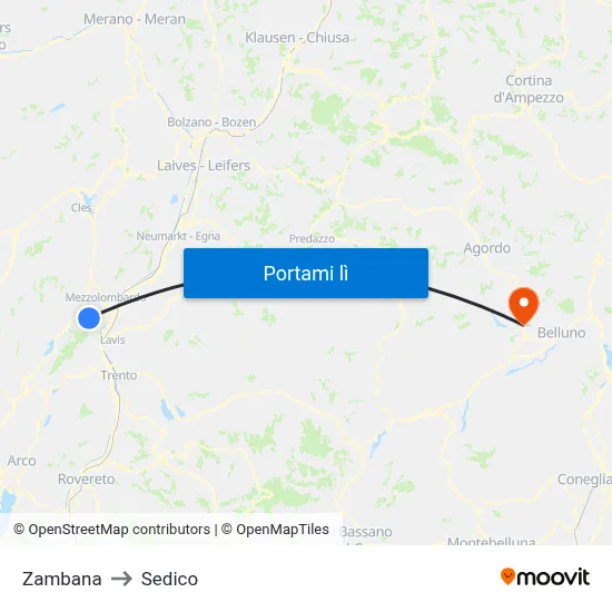 Zambana to Sedico map