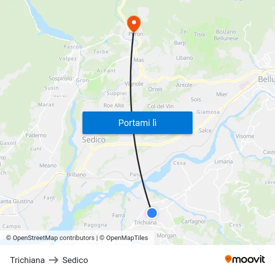 Trichiana to Sedico map