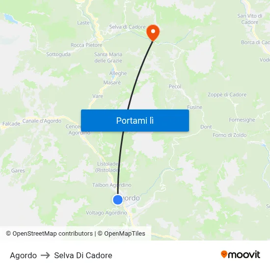 Agordo to Selva Di Cadore map