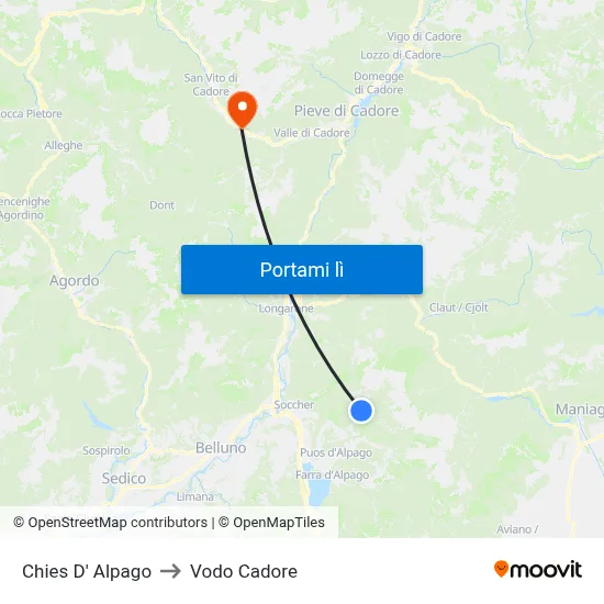 Chies D' Alpago to Vodo Cadore map