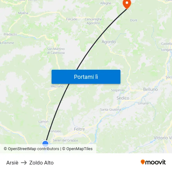 Arsiè to Zoldo Alto map