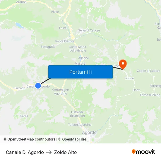 Canale D' Agordo to Zoldo Alto map