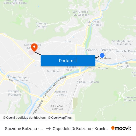 Stazione Bolzano - Bhf Bozen to Ospedale Di Bolzano - Krankenhaus Bozen map