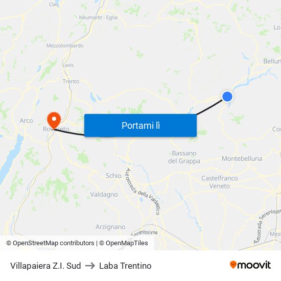 Villapaiera Z.I. Sud to Laba Trentino map