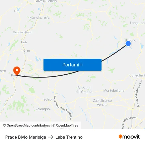Prade Bivio Marisiga to Laba Trentino map