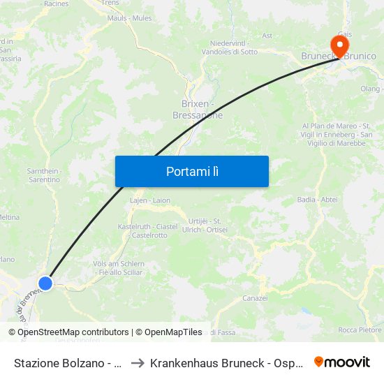 Stazione Bolzano - Bhf Bozen to Krankenhaus Bruneck - Ospedale Brunico map