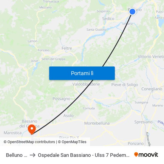 Belluno FS to Ospedale San Bassiano - Ulss 7 Pedemontana map