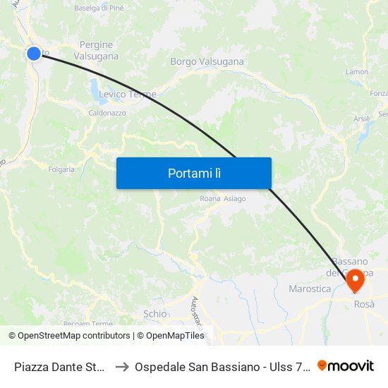 Piazza Dante Stazione FS to Ospedale San Bassiano - Ulss 7 Pedemontana map