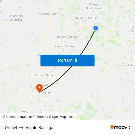 Ortisei to Vigolo Baselga map