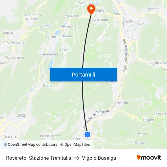 Rovereto. Stazione Trenitalia to Vigolo Baselga map
