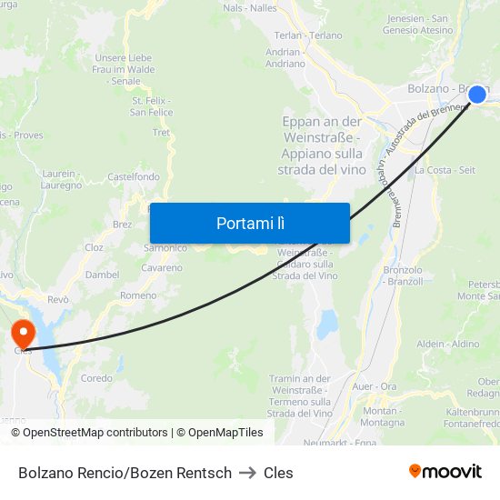 Bolzano Rencio/Bozen Rentsch to Cles map