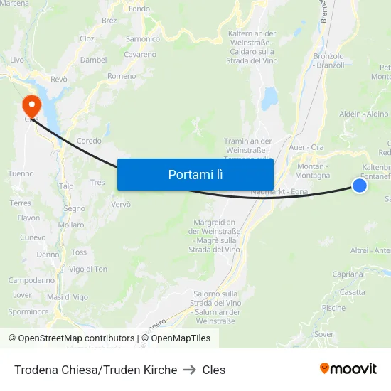 Trodena Chiesa/Truden Kirche to Cles map