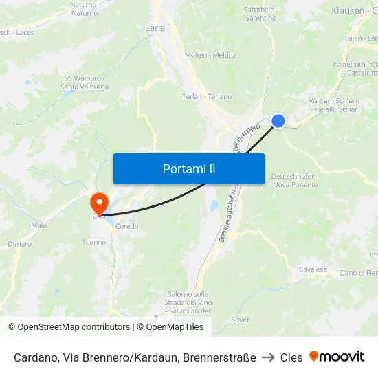 Cardano, Via Brennero/Kardaun, Brennerstraße to Cles map