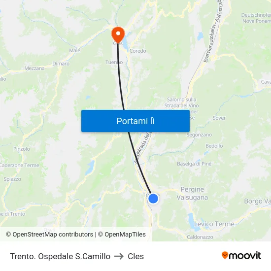 Trento. Ospedale S.Camillo to Cles map