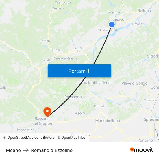 Meano to Romano d Ezzelino map