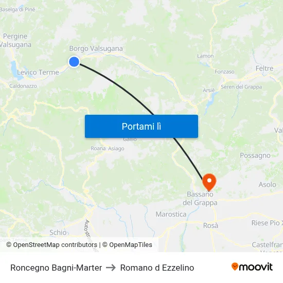 Roncegno Bagni-Marter to Romano d Ezzelino map