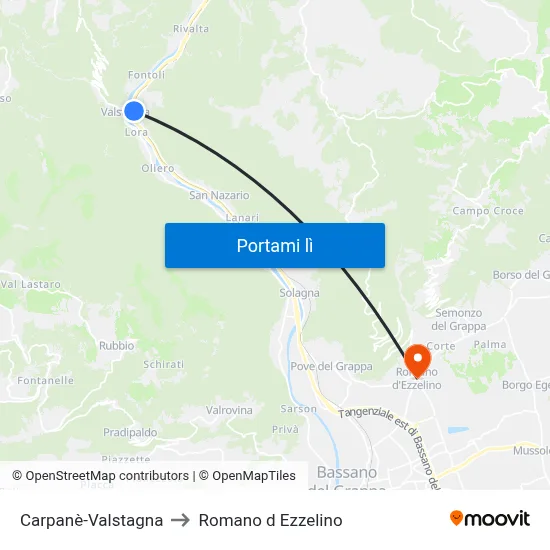 Carpanè-Valstagna to Romano d Ezzelino map