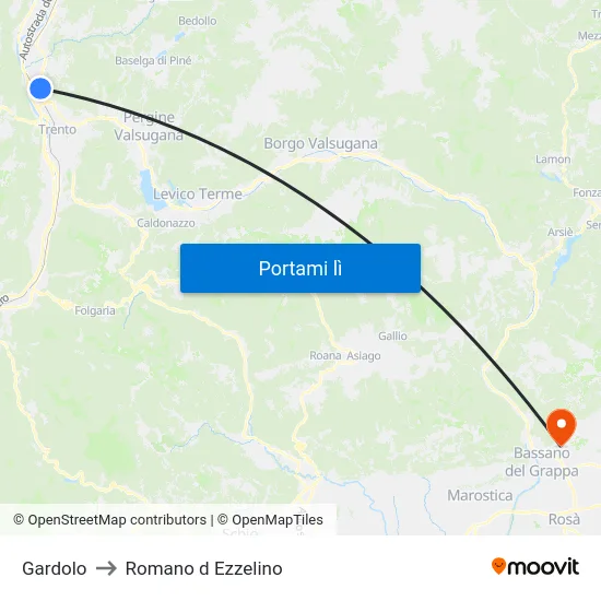 Gardolo to Romano d Ezzelino map