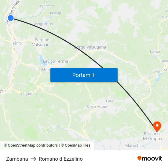 Zambana to Romano d Ezzelino map
