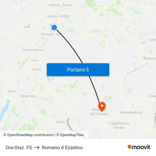 Ora-Staz. FS to Romano d Ezzelino map