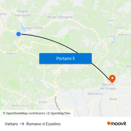 Vattaro to Romano d Ezzelino map