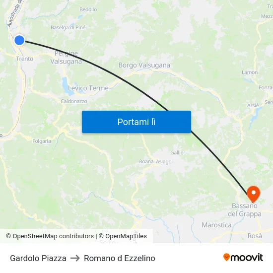 Gardolo Piazza to Romano d Ezzelino map