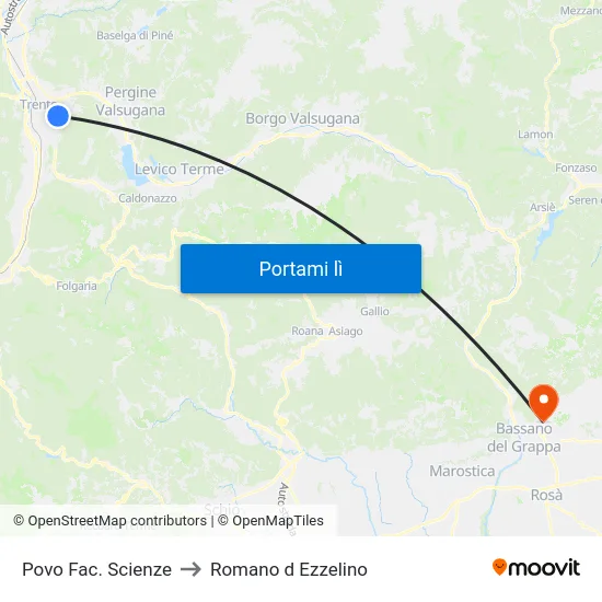 Povo Fac. Scienze to Romano d Ezzelino map