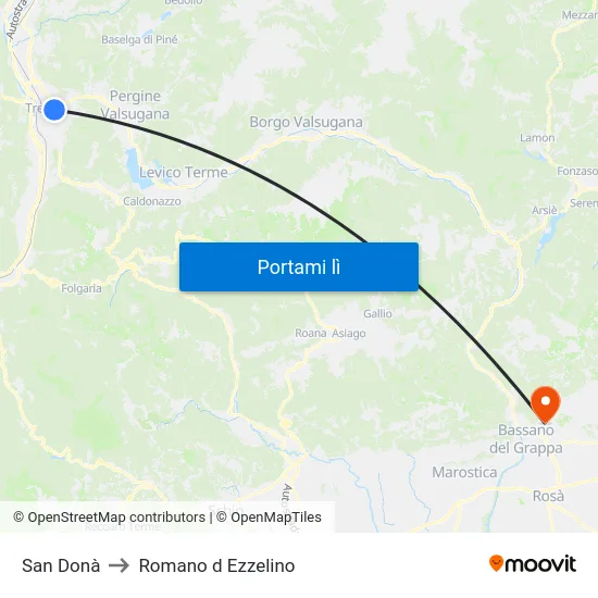 San Donà to Romano d Ezzelino map