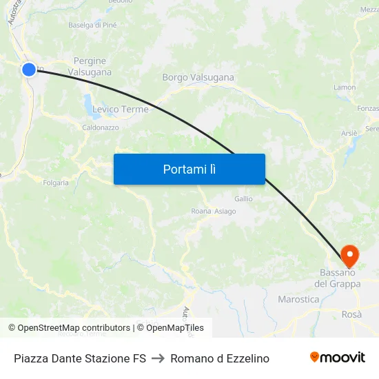 Piazza Dante Stazione FS to Romano d Ezzelino map