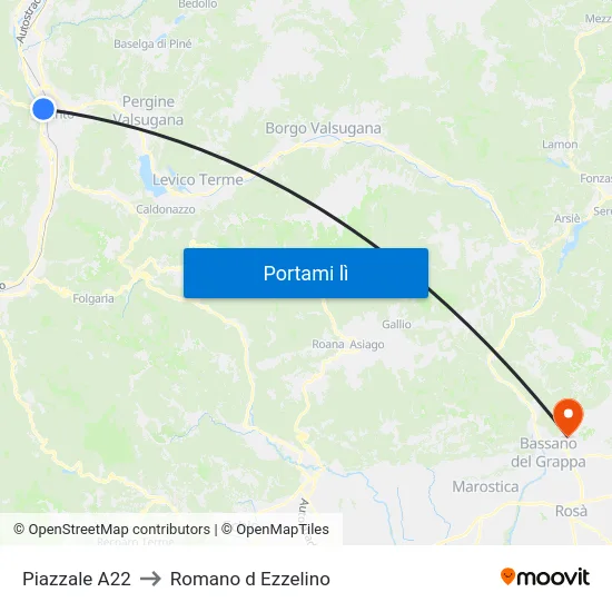 Piazzale A22 to Romano d Ezzelino map
