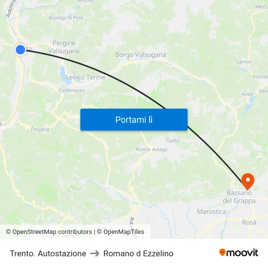 Trento. Autostazione to Romano d Ezzelino map