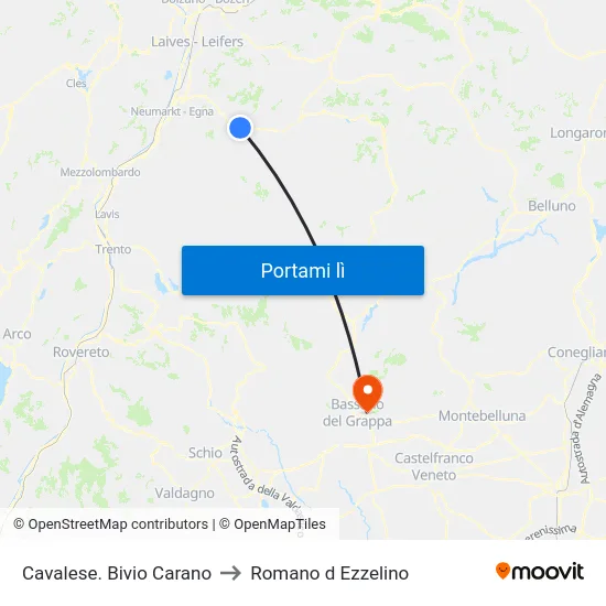 Cavalese. Bivio Carano to Romano d Ezzelino map