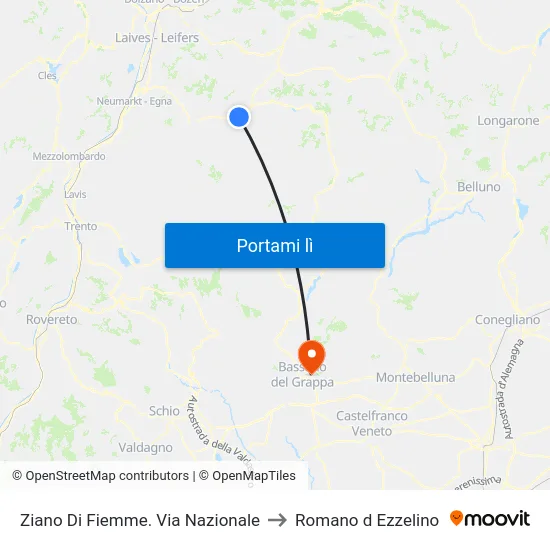 Ziano Di Fiemme. Via Nazionale to Romano d Ezzelino map