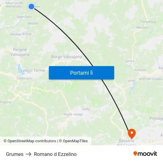 Grumes to Romano d Ezzelino map