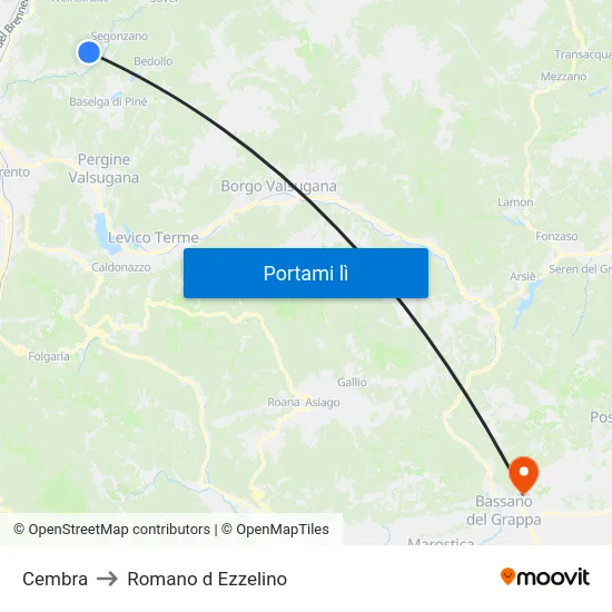 Cembra to Romano d Ezzelino map