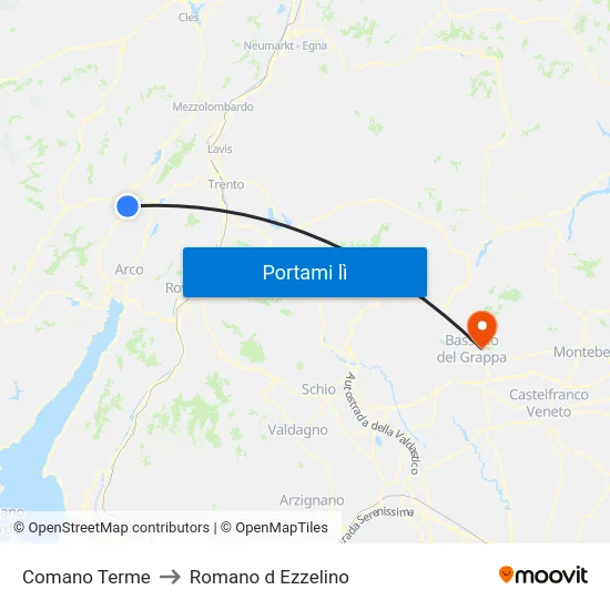 Comano Terme to Romano d Ezzelino map
