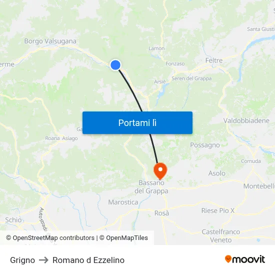 Grigno to Romano d Ezzelino map