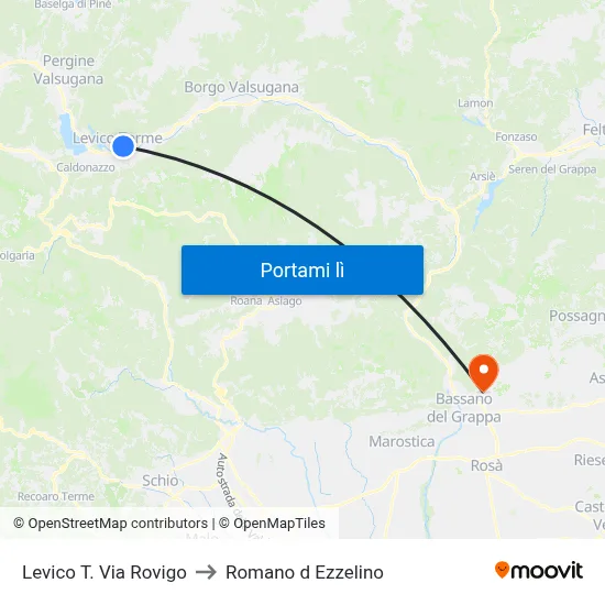 Levico T. Via Rovigo to Romano d Ezzelino map