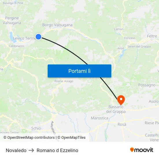 Novaledo to Romano d Ezzelino map