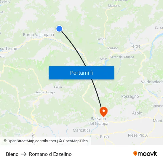 Bieno to Romano d Ezzelino map