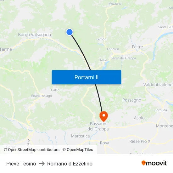 Pieve Tesino to Romano d Ezzelino map