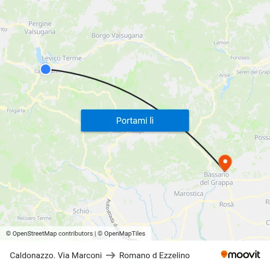Caldonazzo. Via Marconi to Romano d Ezzelino map