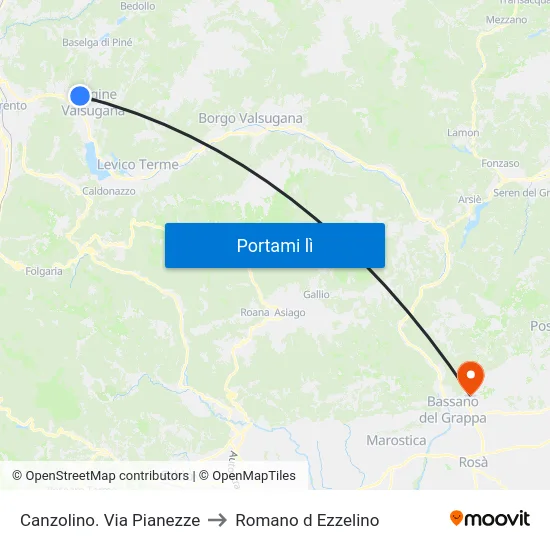 Canzolino. Via Pianezze to Romano d Ezzelino map