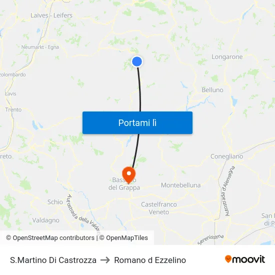 S.Martino Di Castrozza to Romano d Ezzelino map