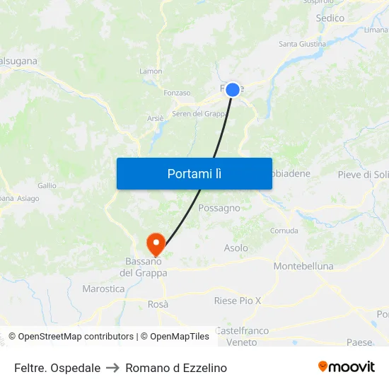Feltre. Ospedale to Romano d Ezzelino map