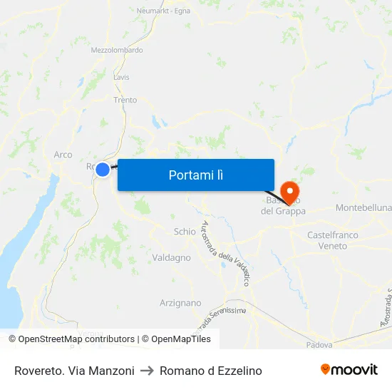 Rovereto. Via Manzoni to Romano d Ezzelino map