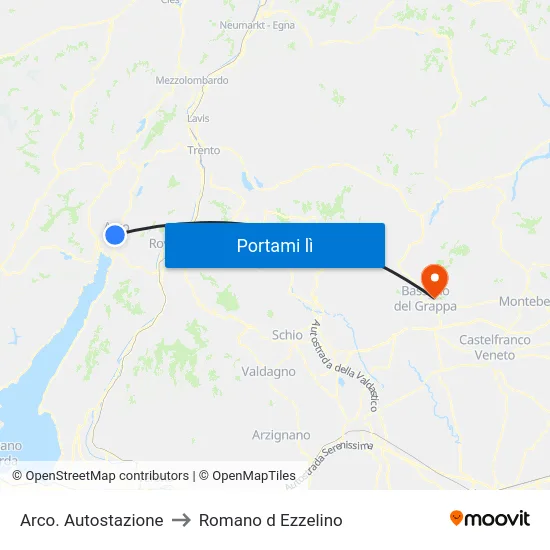 Arco. Autostazione to Romano d Ezzelino map