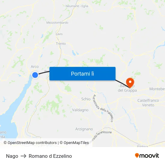 Nago to Romano d Ezzelino map