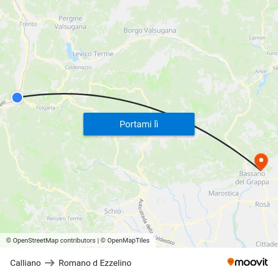 Calliano to Romano d Ezzelino map