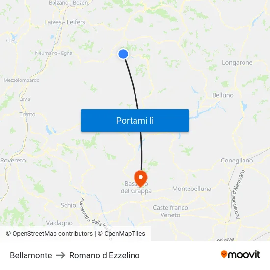 Bellamonte to Romano d Ezzelino map